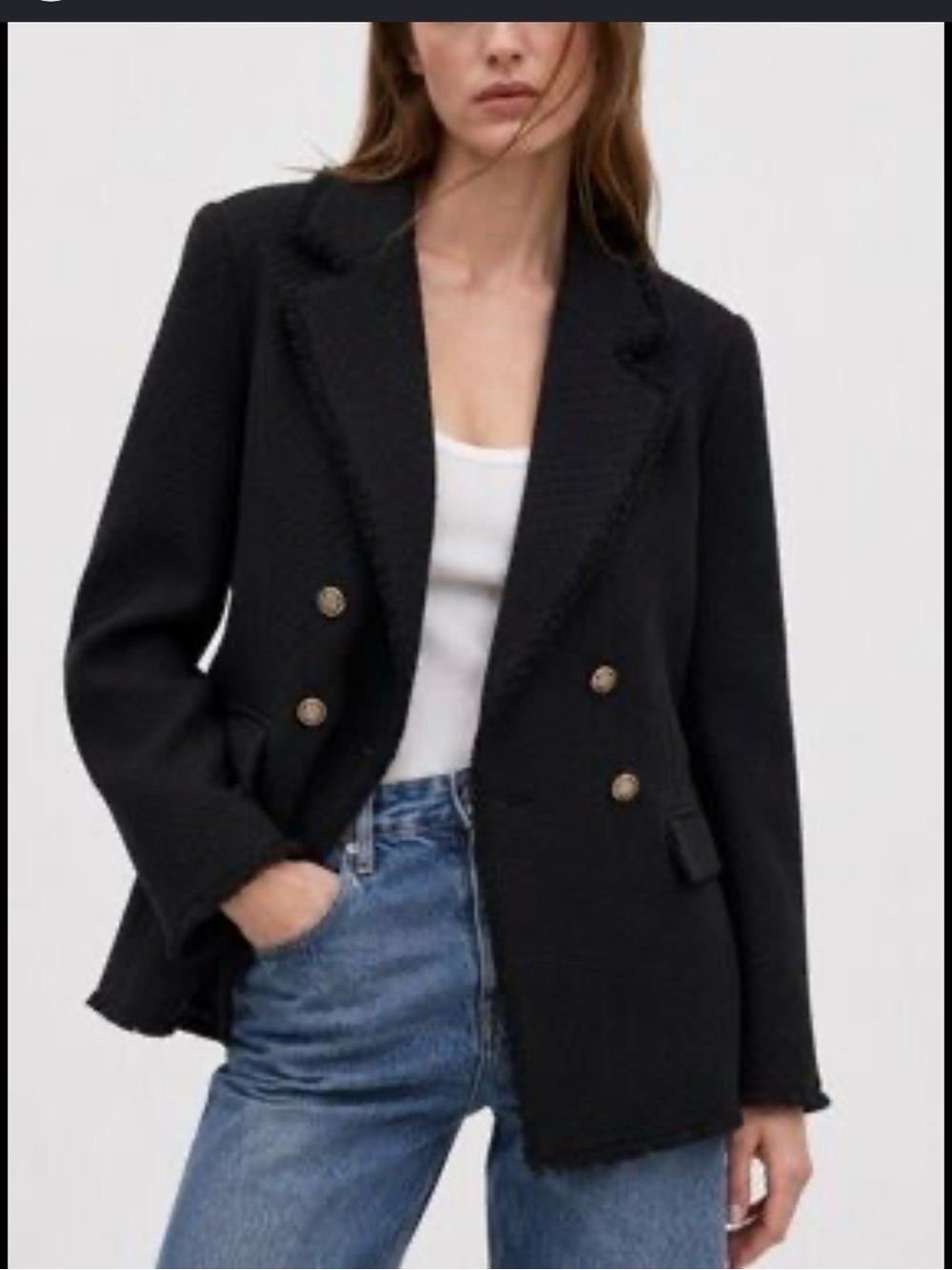 Mango Black Double-Breasted Tweed Blazer with Gold Buttons - Picture 2 of 7